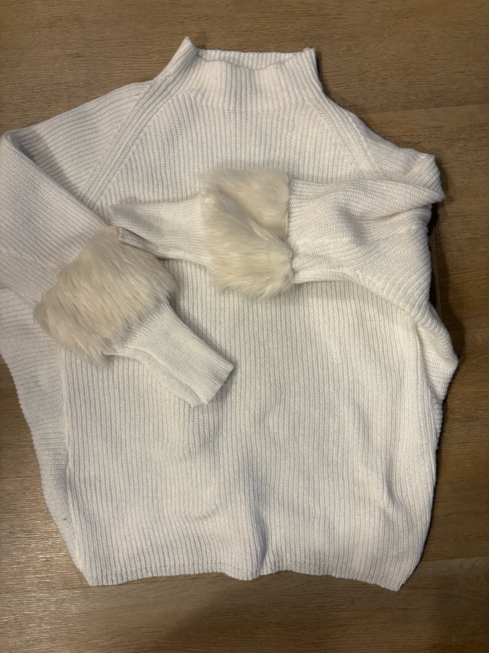 White Faux-Fur Cuff Knit Sweater